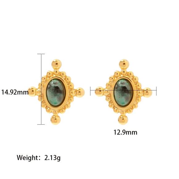 Vintage Greenish Natural Stone Stud Earrings 18K Gold Plated Stainless‎ Steel - Picture 7 of 7
